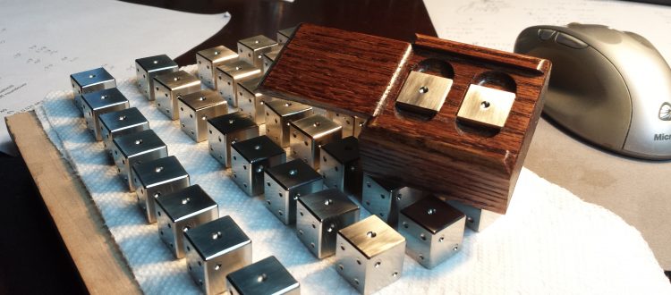 Luxor Premium Titanium alloy precision dice with oak puzzle box. Precision CNC machined balanced 16mm die sets